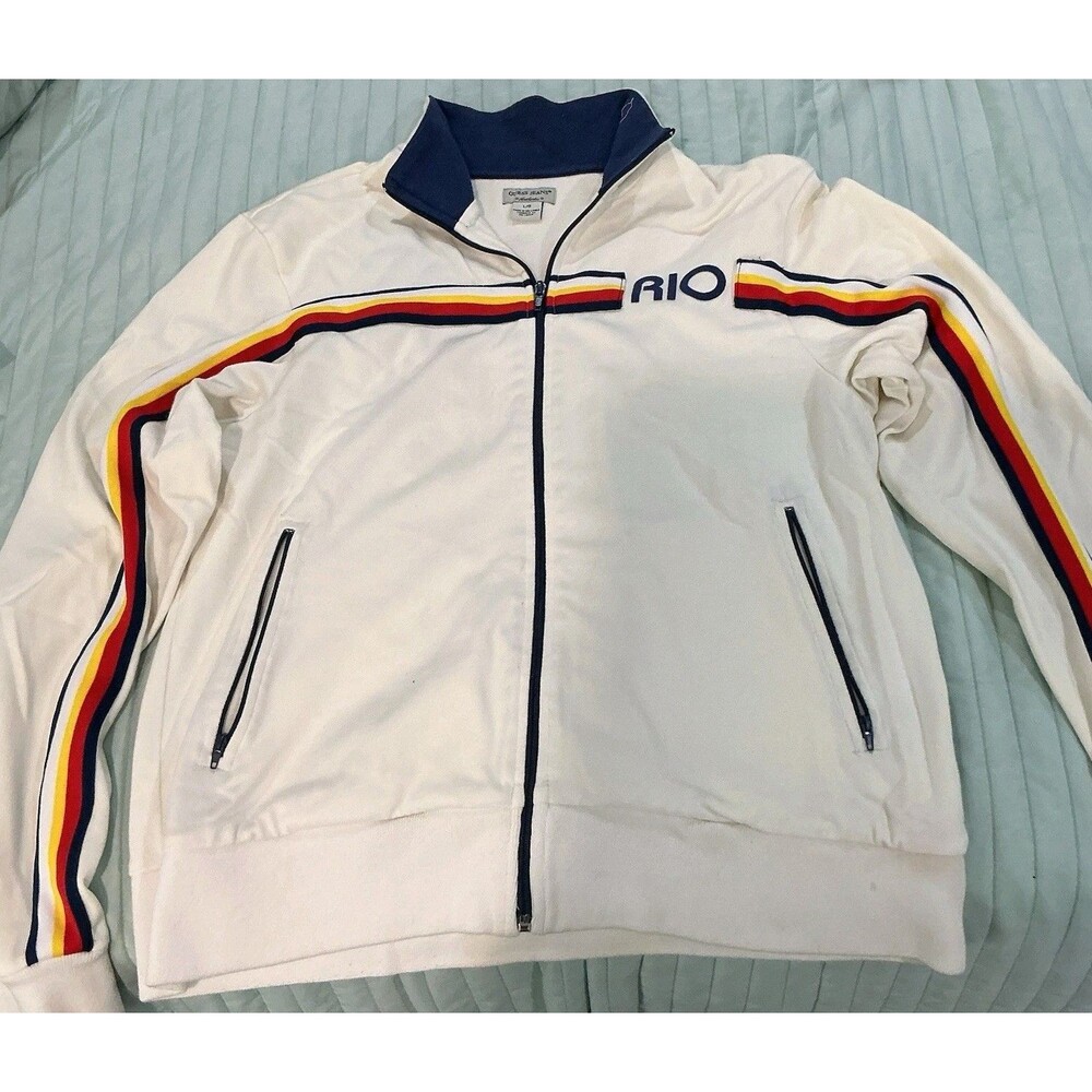 Vintage Guess Jeans Rio Track Jacket White Full Zip Striped Large L Y2K